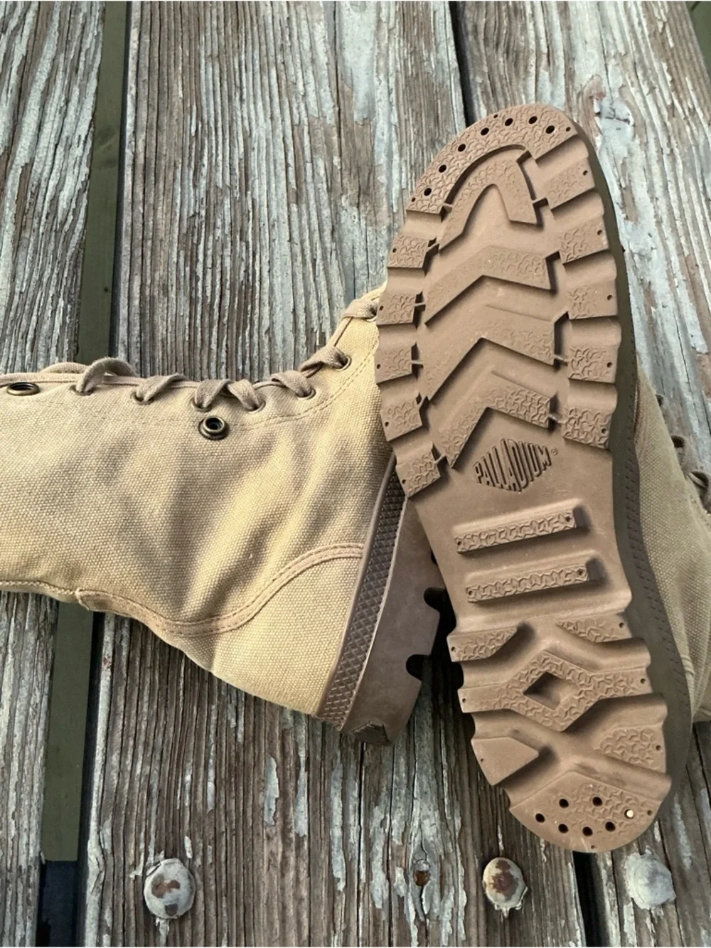 Palladium Men's Tan Canvas High-Top Boots with Brown Sole